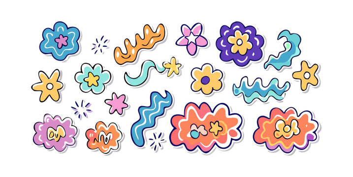 Abstract cloud and flower shapes sticker pack. Groovy funky flower, bubble, star, loop, waves in trendy retro 90s 00s cartoon style. Vector illustration with wavy and spiral elements .vector icons