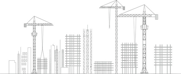 Urban building construction site skyline vector with tower cranes and unfinished high rise structure outline © Majnur