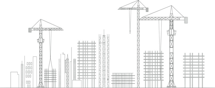 Urban building construction site skyline vector with tower cranes and unfinished high rise structure outline