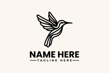 Obraz premium A minimalist hummingbird logo illustration with a placeholder name and tagline on a clean white background, featuring a simple black line art design.