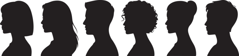 Six black silhouettes of diverse people facing right in a row