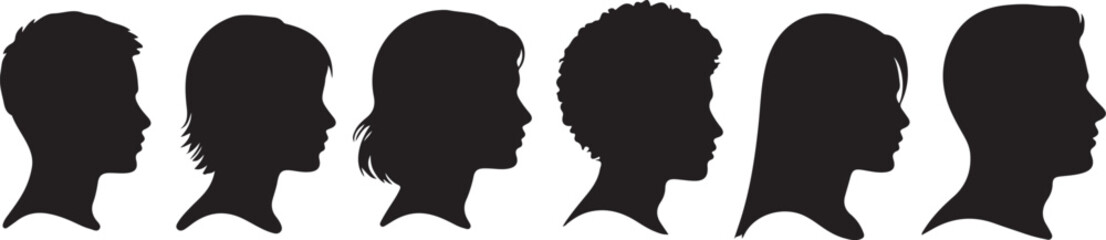 Six different people head silhouettes in profile on white background