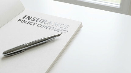 Insurance policy contract pen signature document form paperwork on white desk near window, clean business concept for coverage and legal agreement