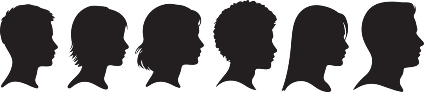 Six different people head silhouettes in profile on white background