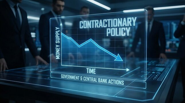 Business Meeting Analyzing Contractionary Policy Graph Showing Decreasing Money Supply Over Time.