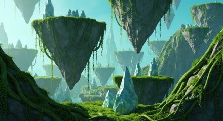Floating islands with vibrant vegetation and glistening crystal formations
