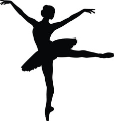 Graceful black silhouette of a ballerina dancing in a classic tutu, standing on one leg isolated on white background, elegant female dancer performing ballet pose. © MdMamunur