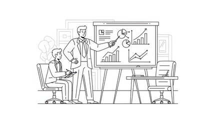 Business meeting: man presenting charts on whiteboard to colleague in office