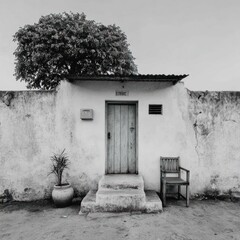 Black and white image of a simple doorway with chair and tree