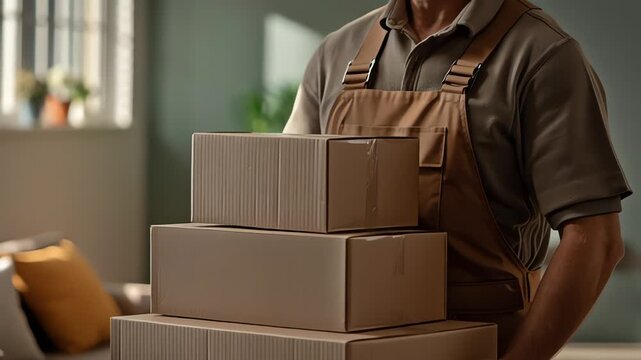 Man holding stack of cardboard boxes.