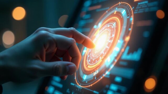 Video A person interacts with a computer screen by touching a button