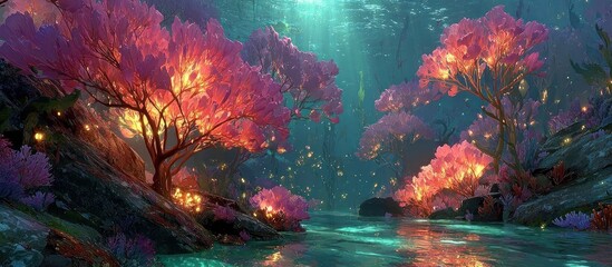 Mystical forest scene with radiant pink trees beside a shimmering river