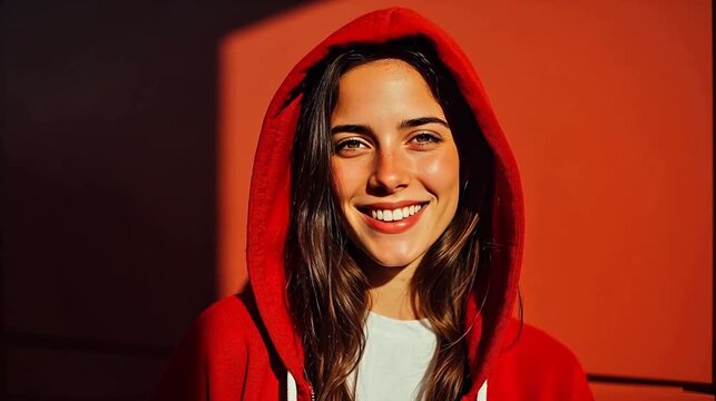 Smiling woman in red hoodie