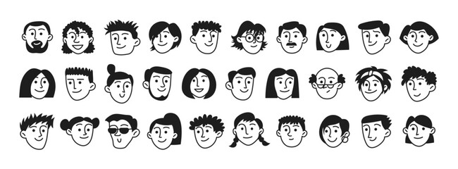 Doodle set of human faces, peoples heads. Sketches of woman, man, facial expressions, emotions. Diversity people isolated on white © Olena