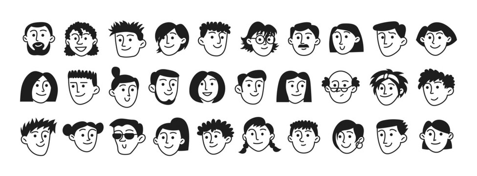 Doodle set of human faces, peoples heads. Sketches of woman, man, facial expressions, emotions. Diversity people isolated on white