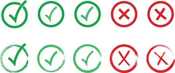 Green Check Tick Mark Icons Correct Approved Success Red Cross Wrong Reject Decline Symbols © MissSonia