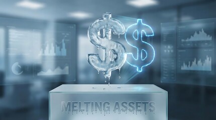 Melting Ice Dollar Signs Symbolizing Financial Loss and Economic Crisis.