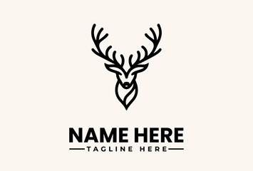 Fototapeta premium A minimalist vector illustration of a deer head with antlers and a leafy design, accompanied by placeholder text for a logo or brand name on a plain background.