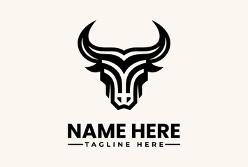 A stylized black bull logo illustration with a bold design on a beige background, featuring placeholder text for a name and tagline in a modern graphic style.