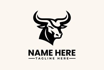 Obraz premium A black and white vector illustration of a bull's head logo with a placeholder name and tagline on a beige background.