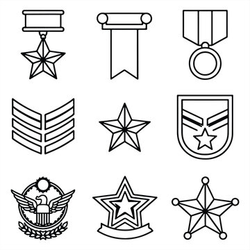 A collection of military badges and medals in a simple line art style