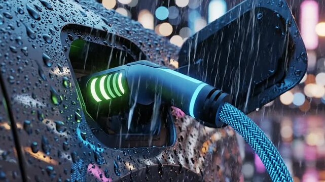 Close-up of Futuristic Electric Vehicle Charging Port with Glowing Green LED Light at Night for Automotive Technology Concept