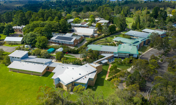 Drone aerial photograph of the Wentworth Falls TAFE College campus in the Blue Mountains in New South Wales, Australia.