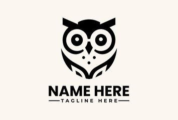 Obraz premium Black and white illustration of an owl logo with text placeholder on a beige background, featuring a stylized bird design and customizable name and tagline.