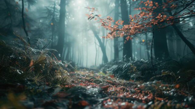 Video of a woodland path covered with fallen leaves