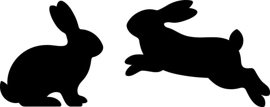 Set of professional black rabbit vector silhouettes featuring an adorable sitting bunny and a jumping rabbit isolated on white.