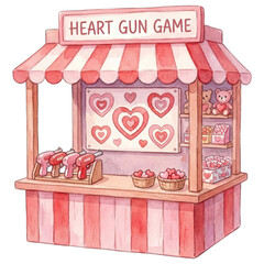 Heart gun game booth with pink and red striped canopy, heart targets, toy guns, and plush teddy bear prizes in cute carnival setting