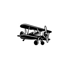 A detailed black and white vector illustration of a vintage biplane with a propeller. A clean, high-contrast retro aviation icon isolated on a white background. © Kotliar Ivan