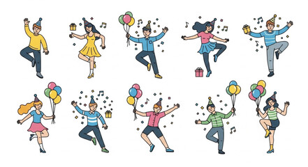 Cartoon People Dancing with Balloons.