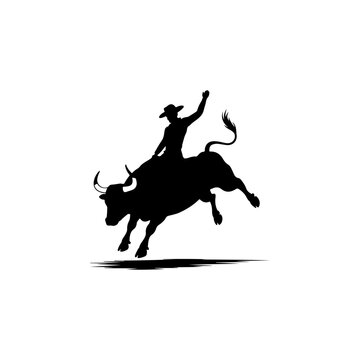 A dynamic black and white vector silhouette of a cowboy riding a bucking bull. A high-contrast graphic representing rodeo sports and western culture on a white background.