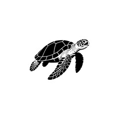 A detailed black and white vector illustration of a swimming sea turtle. The design features high-contrast patterns on the shell and flippers, isolated on a white background. © Kotliar Ivan