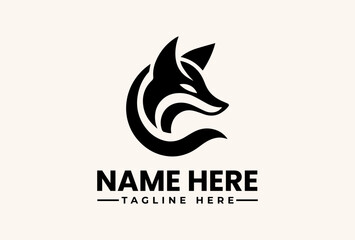 Obraz premium A stylized black fox logo with a modern design on a beige background, featuring placeholder text for a name and tagline in a clean, minimalist template.