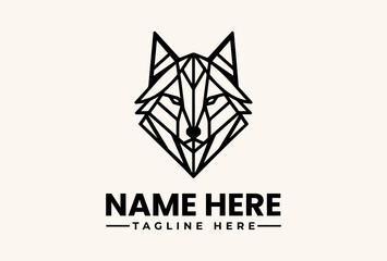 Obraz premium Geometric wolf head logo illustration with bold text on a beige background, featuring a stylized icon design.