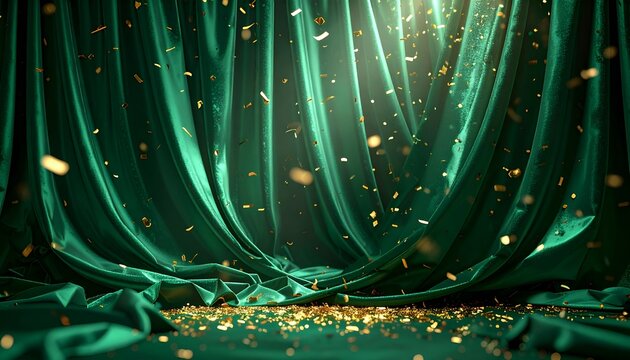 Elegant Green Drapes with Sparkling Confetti Falling.