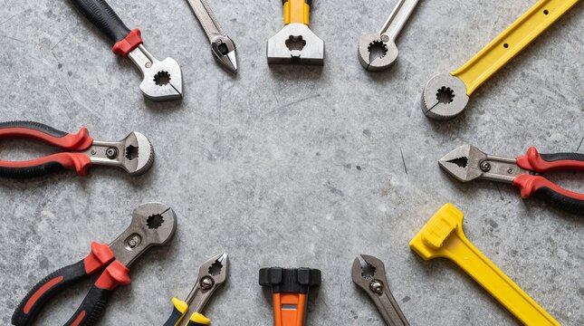 A collection of various tools arranged on a gray surface for DIY projects and repairs