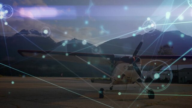 Animation of network of connections over airplane at an airport