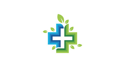 Obraz premium Abstract logo design featuring a blue and green medical cross intertwined with several vibrant green plant leaves.