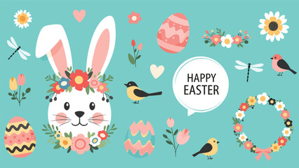 Extensive Happy Easter themed set features a cute bunny, decorated eggs, birds, butterflies, and floral elements on a teal background.