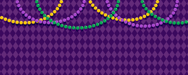 Mardi Gras beads festive carnival background. Purple harlequin pattern with colorful Mardi Gras beads and fleur de lis symbols. © Mallva