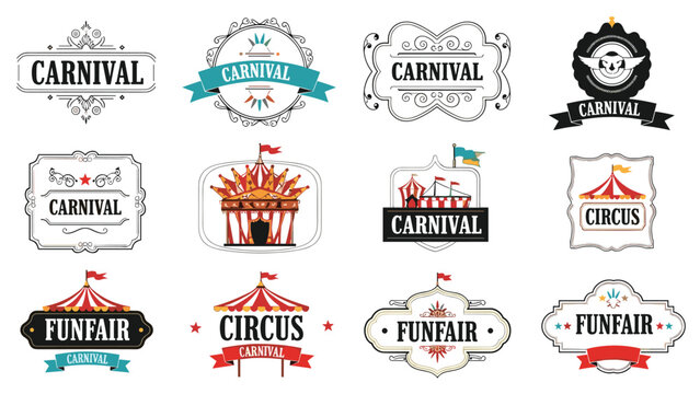 Diverse collection of vintage carnival and circus logos and emblems features classic tents, carousels, and ornate decorative frames.
