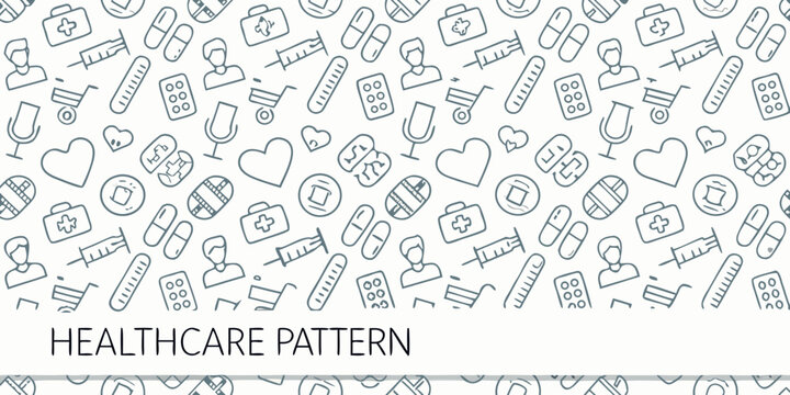 Seamless pattern of medical icons and healthcare related line art