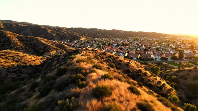 Aerial view of a suburban neighborhood nestled in the foothills during golden hour