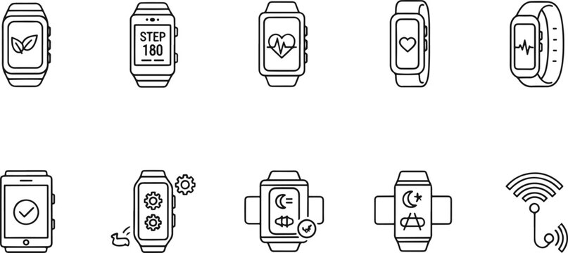 Smartwatch and Fitness Tracker Icon Set: Health Monitoring, Step Counter, and Wearable Tech Line Art