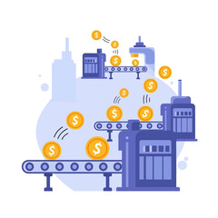 Money production factory with conveyor belts and dollar coins.