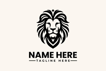 A black and white vector illustration of a lion's head logo with a customizable name and tagline on a plain beige background.