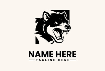 Obraz premium Black and white vector illustration of a wolf's head logo with a square background and placeholder text for a name and tagline on a beige background.